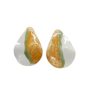 Handcrafted Teardrop Enamel Post Earrings With Orange Green Swirl Design